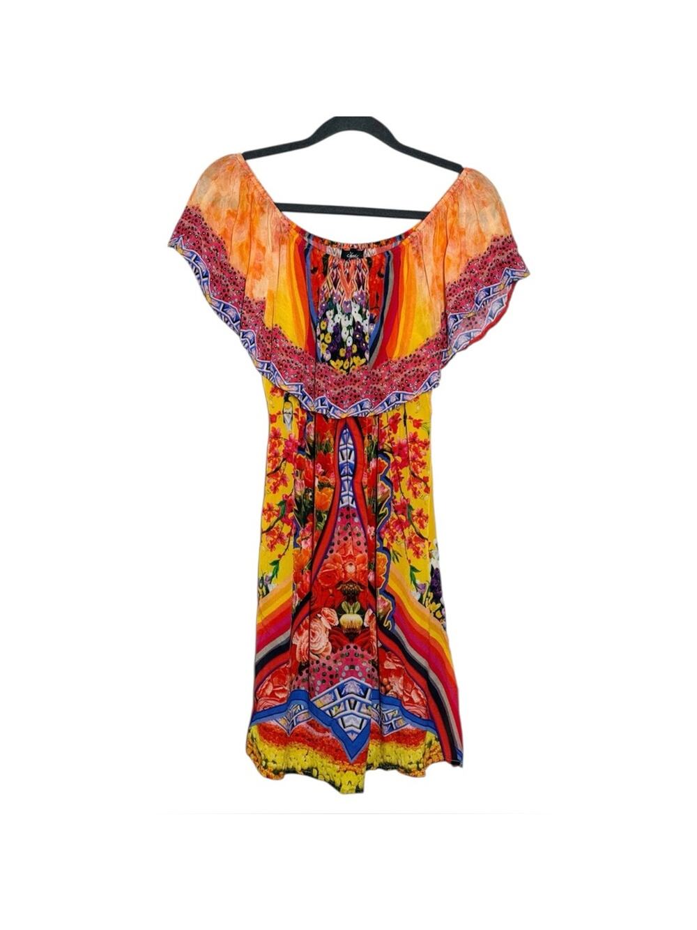 Shahida Parides Orange Yellow Red Vibrant Off Shoulder Resort Mini Dress - S/M